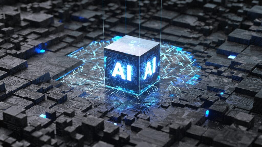 AI letters in a Cube on a futuristic surface