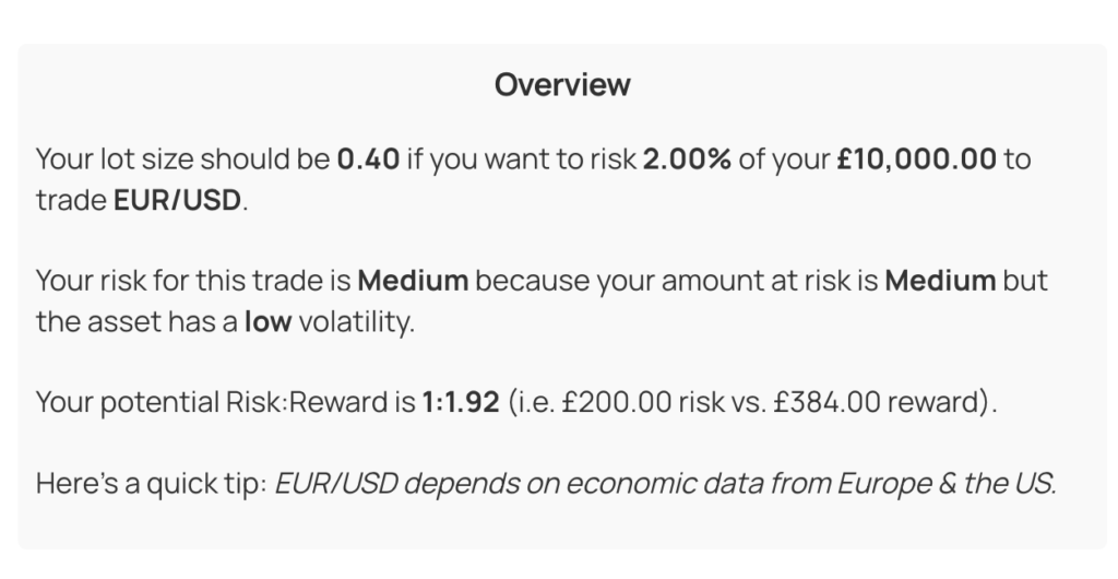 Trade Summary Overview from Lot Size Calculator